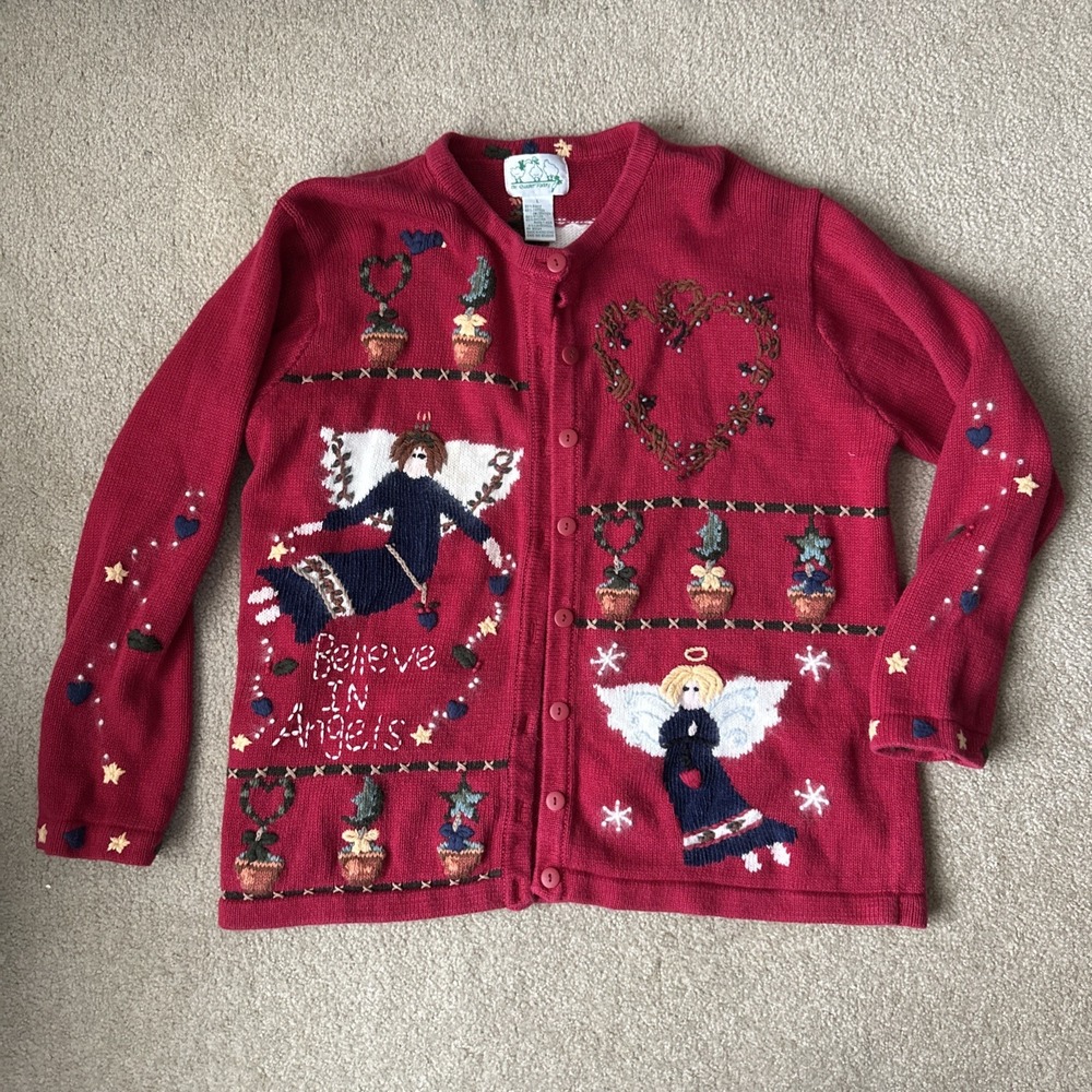 Quacker Factory Vintage Grandma Knit Angel‎ cardigan L